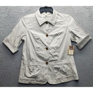 Coldwater Creek Shaped Jacket Womens 8 Tan Pocket Detail Cuffed Sleeve Button Up